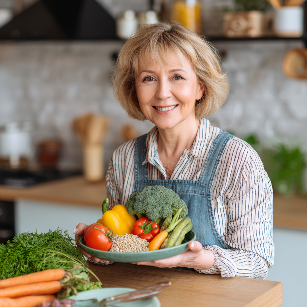 Smiling middle-aged Ukrainian woman in kitchen preparing healthy colorful meal with vegetables and fruits on wooden table