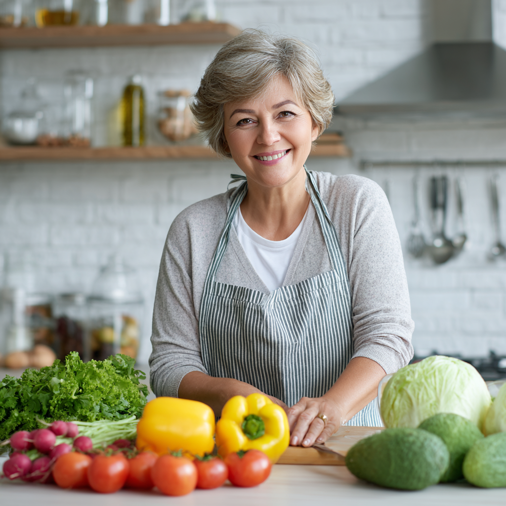 Happy Ukrainian family of three generations sitting at dining table enjoying healthy meal together, grandmother, mother and adult daughter smiling