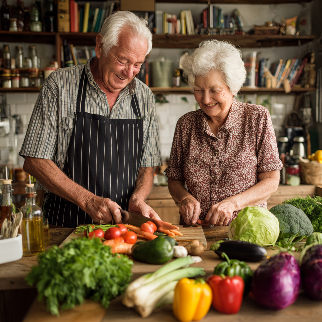 Elderly Ukrainian couple in their 60s cooking together in bright kitchen, both smiling while preparing fresh vegetables and healthy ingredients
